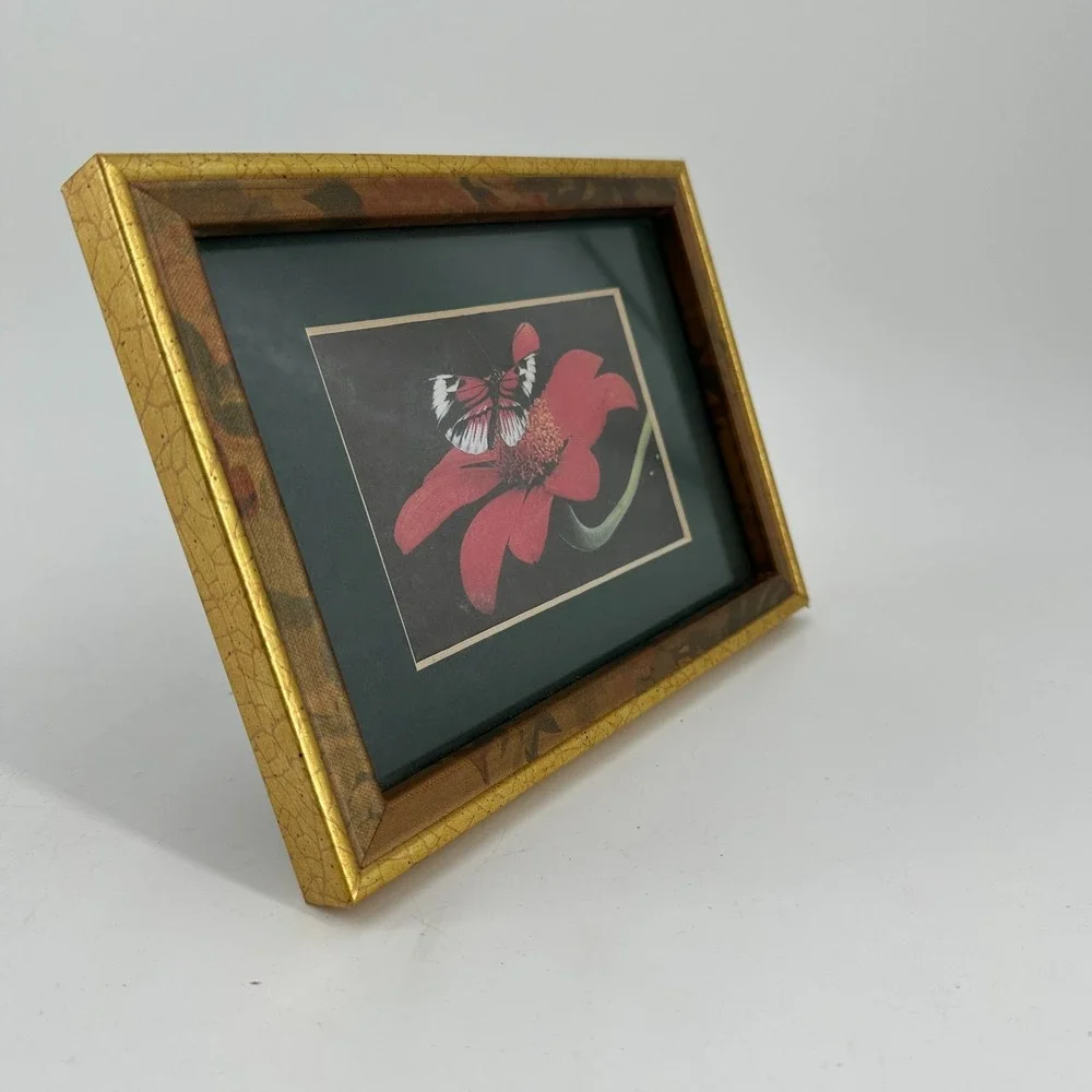Vintage Gold Crackle Photo Frame with Butterfly & Flower Artwork Tabletop